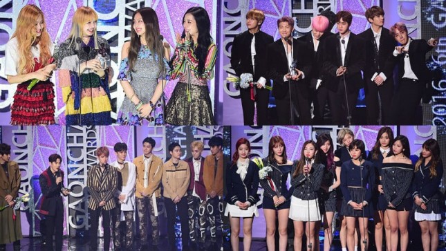 BLACKPINK, BTS, EXO danTWICE saat memenangkan penghargaan di 7th Gaon Chart Music Awards, Seoul (14/2). (Dok Soompi)