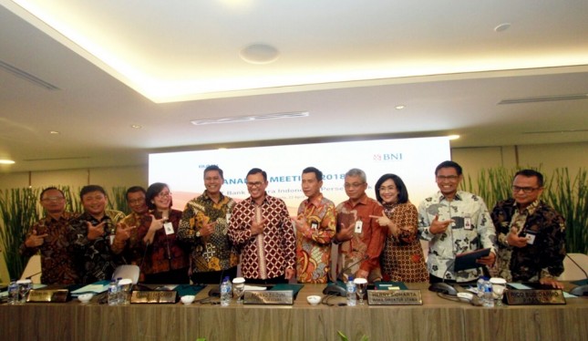 Jajaran Direksi BNI pada konferensi pers Laporan Kinerja Keuangan Q1 hari Senin (23/4), di Wisma BNI 46, Jakarta. (Foto: Rizki Meirino/Industry.co.id)