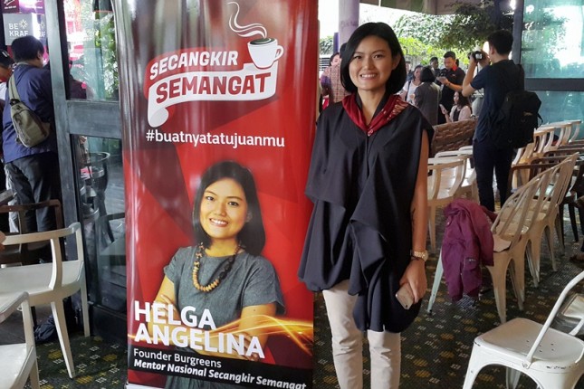 Founder Burgreens, Helga Angelina, saat jumpa pers Secangkir Semangat di Menteng, Jakarta. (Dina Astria/Industry.co.id)