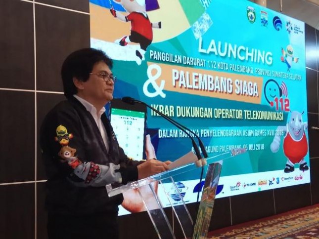 Dirjen Penyelenggaraan Pos dan Informatika Kementerian Kominfo Ahmad M. Ramli saat launching Layanan Palembang Siaga 112 di Griya Agung, Istana Gubernur, Palembang, Sumsel, Kamis (05/07/2018).