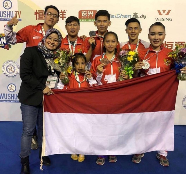 Atlet Wushu Indonesia berhasil kumandangkan lagu Indonesia Raya di Brasil (Foto: Dok. PB WI)