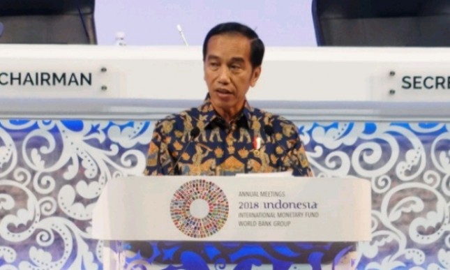Presiden Jokowi saat menyampaikan sambutan pada pembukaan Annual Meetings IMF-World Bank Group di Nusa Dua, Bali (Foto: Setkab) 