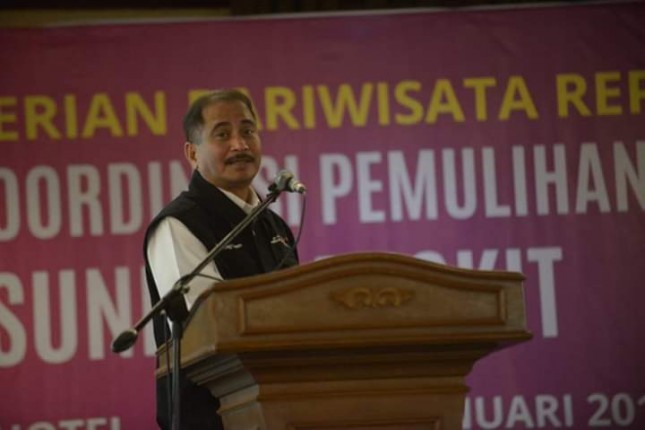 Menteri Pariwisata Arief Yahya saat memberikan sambutan pada acara Rakornas Pemulihan Sektor Pariwisata Selat Sunda Bangkit (Foto: Kemenpar) 