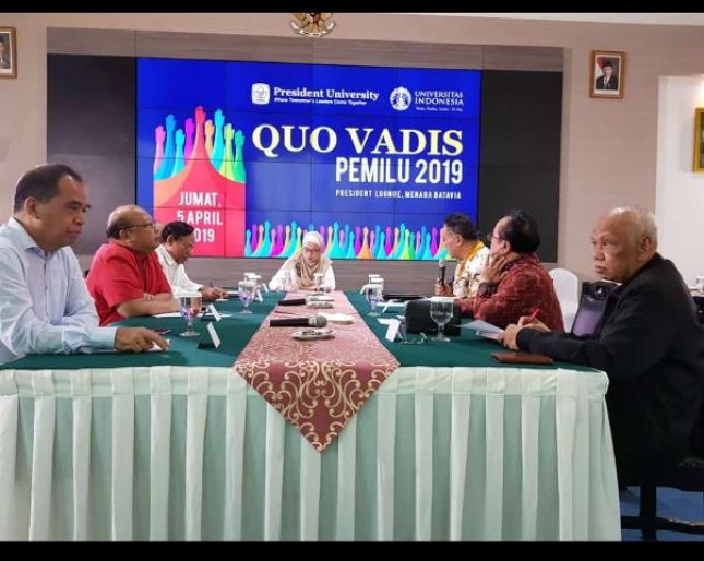 President University bekerja sama dengan Universitas Indonesia mengadakan diskusi publik dengan tema “Quo Vadis Pemilu 2019”, yang berlangsung di President Lounge, Menara Batavia, Jumat (5/4/2019).