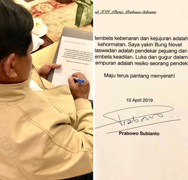 Prabowo menulis Surat untuk novel baswedan penyidik kpk