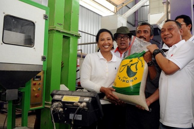 Direktur Utama Bank BTN, Maryono (kanan) didampingi Menteri BUMN, Rini Sumarno (kiri), berfoto bersama sesaat mereka telah mengantongkan satu karung beras di salah satu RMU di Kabupaten Purwakarta, Jumat (26/04/2019)