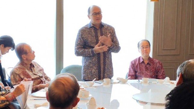 Ketua Umum Kadin Indonesia Rosan P. Roeslani usai jamuan makan siang bersama Ketua JAPINDA, Yasuo Fukuda beserta delegasinya di Hotel Fairmont, Jakarta