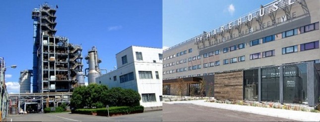 Kiri: Pabrik plastik daur ulang di Showa Denko Kawasaki Kanan: Sistem sel bahan bakar hidrogen murni "H2RexTM" yang diterapkan di Kawasaki King Skyfront Tokyu REI Hotel 