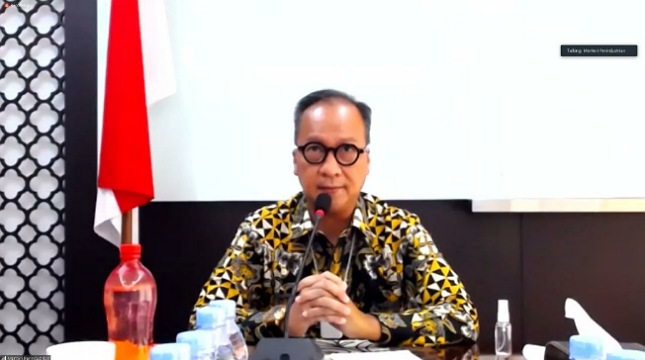 Menteri Perindustrian Agus Gumiwang Kartasasmita saat Peresmian Sentra IKM Logam Kabupaten Dharmasraya secara virtual