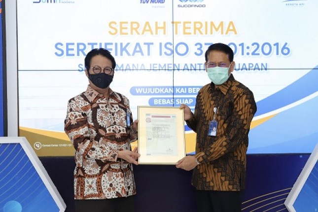 PT SUCOFINDO (Persero) telah mengaudit dan sertifikasi PT Kereta Api Indonesia (KAI) (Persero) untuk Sistem Manajemen Anti Penyuapan (SMAP) SNI ISO 37001:2016
