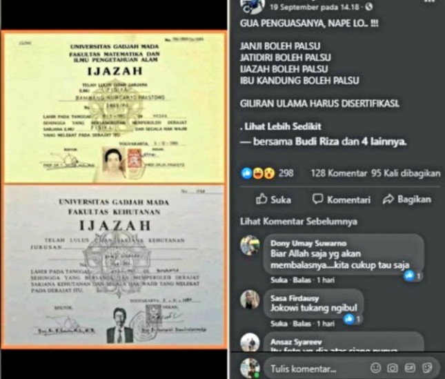Tangkapan layar salah satu alun sosial media Facebook yang menyebut Ijazah Jokowi palsu