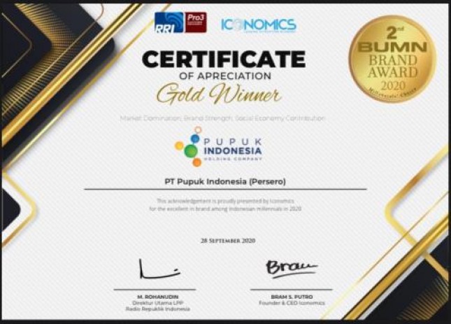 Pupuk Indonesia Raih Gold Winner Dalam Ajang BUMN Brand Awards 2020