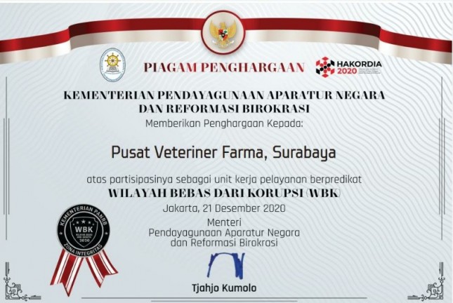 Piagam penghargaan ke Pusat Veteriner Farma (Pusvetma)