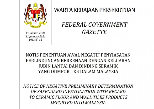 Surat Penghentian Pemberlakuan Safe Guard Keramik oleh Kerajaan Malaysia