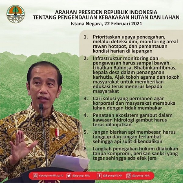 Dalam Rakornas Pengendalian Karhutla yang dilaksanakan tanggal 22 Februari 2021, Presiden Joko Widodo telah memberikan enam arahan tentang pengendalian kebakaran hutan dan lahan (karhutla)