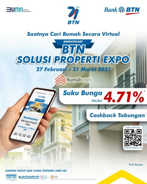 PT Bank Tabungan Negara (Persero) Tbk Kembali menghadirkan pameran properti secara virtual yang bertajuk “Anniversary BTN Solusi Properti Expo”.