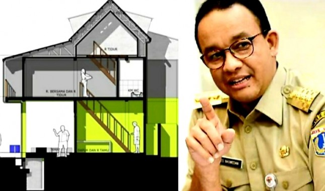 Denah Renovasi Rumah Panggung Kampung Melayu dan Gubernur Jakarta Anies Baswedan (foto Kolase)