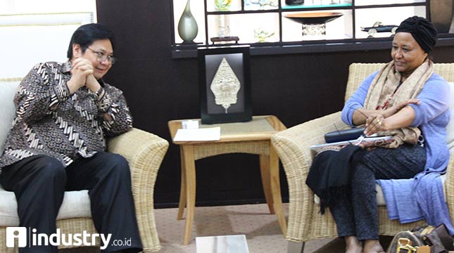 Menteri Perindustrian Airlangga Hartarto berbincang dengan Kepala Perwakilan UNIDO untuk Indonesia dan Timor Leste Shadia Bakhait Hajarabi di Kementerian Perindustrian