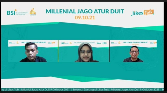 CFO Fineaja, Zahra Nabila Kurnia (dua dari kiri); dan Kepala Divisi Pasar Modal Syariah BEI, Irwan Abdalloh (paling kanan) dalam webinar LIKES Talk dengan tema “Millenial Jago Atur Duit” 