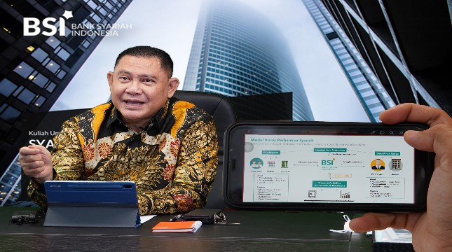 Wakil Direktur Utama 2 PT Bank Syariah Indonesia Tbk Abdullah Firman Wibowo saat memaparkan materi terkait perbedaan perbankan syariah dan konvensional serta peran treasury dan bank internasional kepada mahasiwa dalam acara Kuliah Umum program Strategic Sharia Banking Management (SSBM) secara virtual