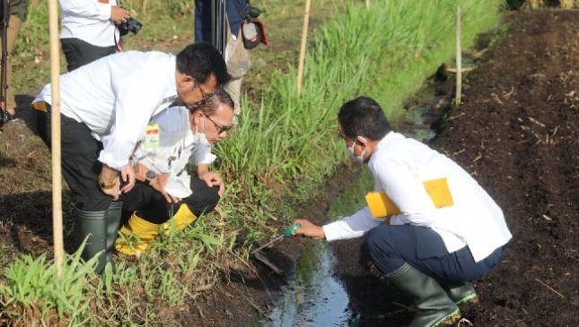 Menteri Pertanian Syahrul Yasin Limpo meninjau pengairan persawahan