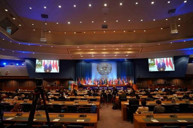  Presiden Jokowi berpidato pada Sidang Komisi Ke-78 United Nations Economic and Social Commission for Asia and the Pacific (UNESCAP), secara virtual dari Istana Merdeka Jakarta, Senin (23/05/2022). 
