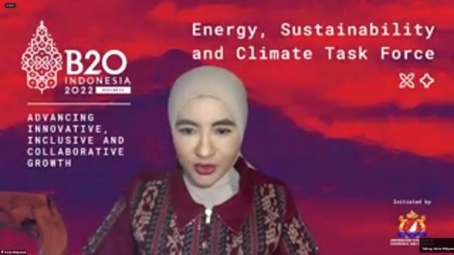 Chair of Task Force Energy, Sustainability, and Climate B20, Nicke Widyawati memberikan sambutan pada acara "4th Task Force Energy, Sustainability & Climate Call Meeting" B20 Indonesia 2022