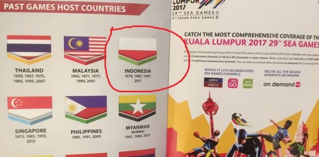 Bendera Indonesia terbalik dalam buku panduan SEA Games Malaysia