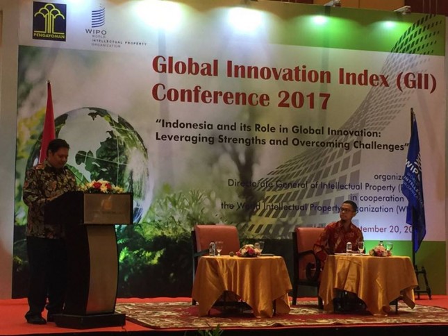 Meteri Perindustrian, Airlangga Hartarto saat acara seminar Global Inovation Index Conference