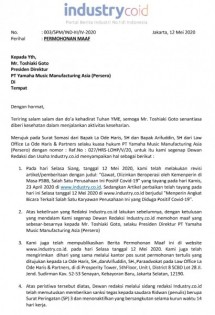Surat Permohonan Maaf Industry.co.id kepada PT Yamaha Music Manufacturing Asia