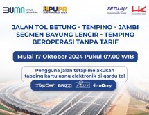 Hutama Karya umumkan pengoperasian Jalan Tol Betung - Tempino - Jambi Seksi 3 (Segmen Bayung Lencir - Tempino) sepanjang 34 km akan mulai beroperasi tanpa tarif mulai Kamis (17/10) Pukul 07.00 WIB. 