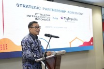 Direktur Utama TIF I Ketut Budi Utama saat memberikan sambutan pada penandatanganan perjanjian kerja sama strategis antara PT Telkom Infrastruktur Indonesia (TIF) dan PT Eka Mas Republik (MyRepublic) acara di Telkom Landmark Tower